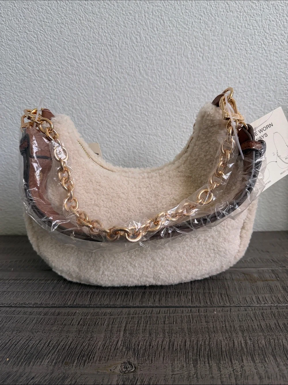 Anne Klein Cream Sherpa Crescent Hobo Shoulder Bag with Gold AK Accent NEW